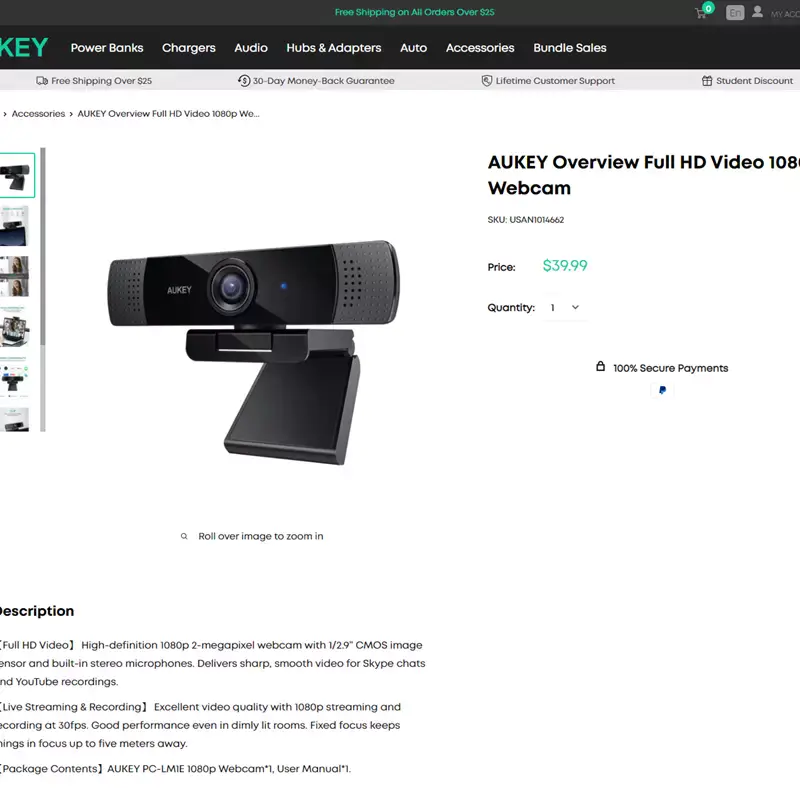 笔记本电脑序列号-AUKEY 1080P 全高清电脑摄像头，内置降噪麦克风，减少周围干扰