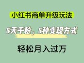 小红书商单升级玩法，5天千粉，5种变现渠道，轻松月入1万+