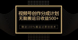 最新视频号创作分成计划，无脑搬运一天收益500+，100%搬运过原创技巧【揭秘】