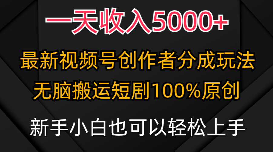 一天收入5000+，视频号创作者分成计划，最新100%原创玩法，小白也可以轻…