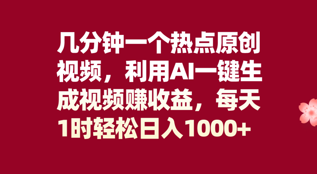 几分钟一个热点原创视频,利用AI一键生成视频赚收益,每天1时轻松日入1000+-优选副业网