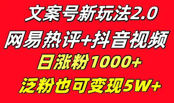 图片[1]-文案号新玩法 网易热评+抖音文案 一天涨粉1000+ 多种变现模式 泛粉也可变现