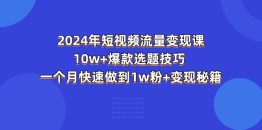 2024年短视频-流量变现课：10w+爆款选题技巧 一个月快速做到1w粉+变现秘籍