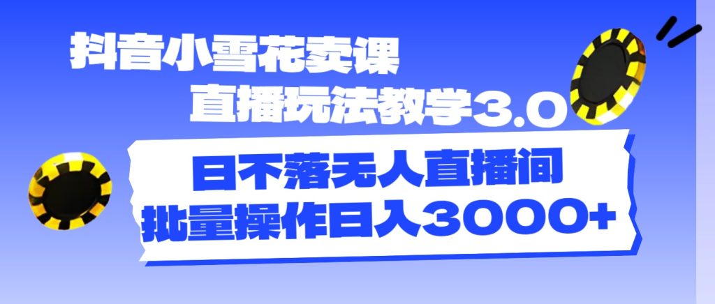 抖音小雪花卖课直播玩法教学3.0,日不落无人直播间,批量操作日入3000+-优选副业网
