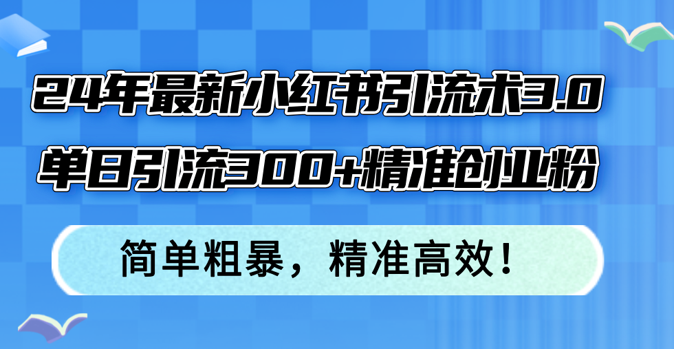 24年最新小红书引流术3.0，单日引流300+精准创业粉，简单粗暴，精准高效！-琪琪网创