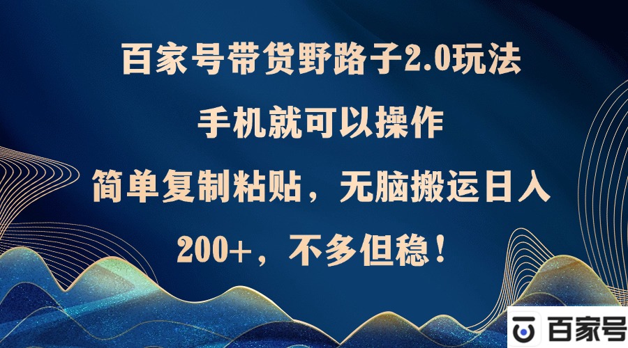 百家号带货野路子2.0玩法，手机就可以操作，简单复制粘贴，无脑搬运日…