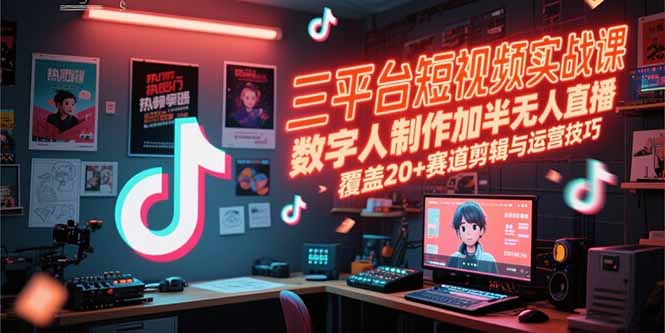 三平台短视频实战课，数字人制作加半无人直播，覆盖20+赛道剪辑与运营技巧-云创优业