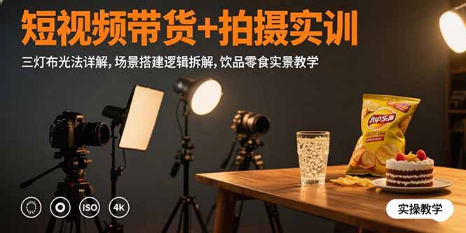 短视频带货+拍摄实训：三灯布光法详解,场景搭建逻辑拆解,饮品零食实景教学-威虎科创