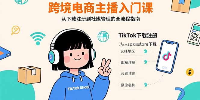 跨境电商主播入门课，TikTok下载注册，支付工具配置，社媒账号管理全流程-创客圈