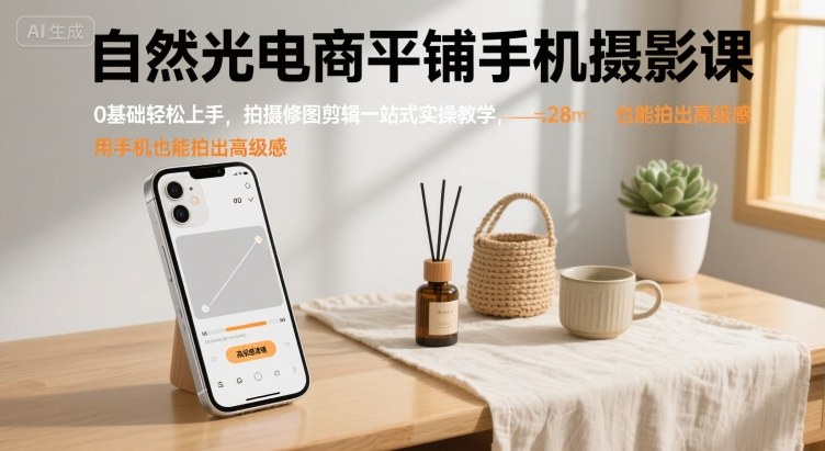 自然光电商平铺手机摄影课，0基础轻松上手，拍摄修图剪辑一站式实操教学，用手机也能拍出高级感-胜创圈