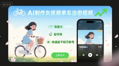 AI制作女孩骑单车治愈视频，流量大，起号快，快速起千粉万粉号-伙伴笔记