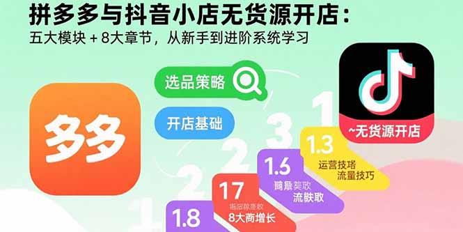 拼多多与抖音小店无货源开店：五大模块+8大章节，从新手到进阶系统学习-创客圈