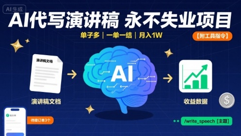 AI代写演讲稿，永不失业项目，单子多，一单一结，月入1W【附工具指令】-优创圈
