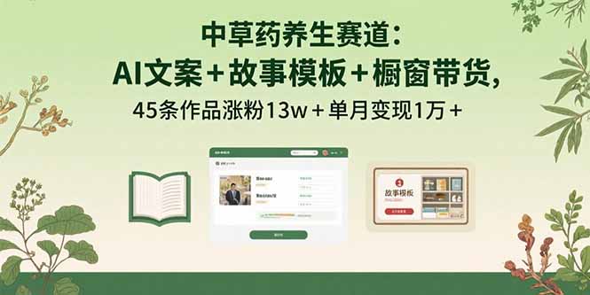 中草药养生赛道：AI文案+故事模板+橱带货，45条作品涨粉13w+单月变现1万+-云创优业