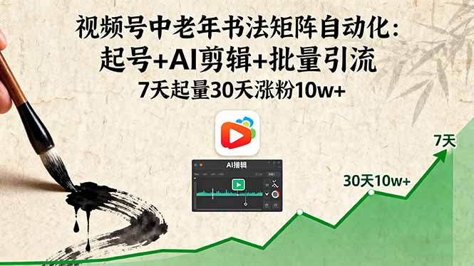 视频号中老年书法矩阵自动化：起号+AI剪辑+批量引流 7天起量30天涨粉10w+-云创优业