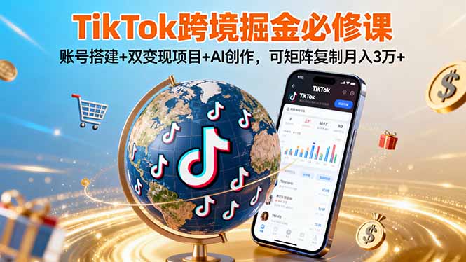TikTo跨境掘金必修课，账号搭建+双变现项目+AI创作，可矩阵复制月入3万+-创客圈