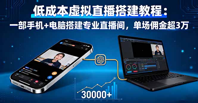 低成本虚拟直播搭建教程：一部手机+电脑搭建专业直播间，单场佣金超3万-云创优业