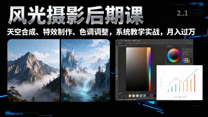 风光摄影后期课，一键换天空合成、特效制作、色调调整，月入过万-云创优业