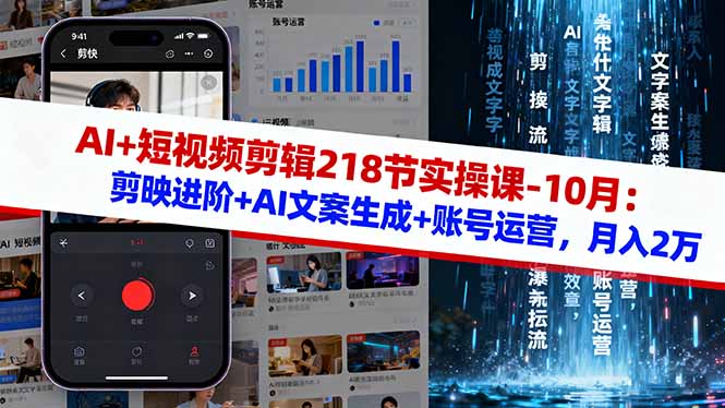 AI+短视频剪辑218节实操课-10月：剪映进阶+AI文案生成+账号运营，月入2万-创客圈