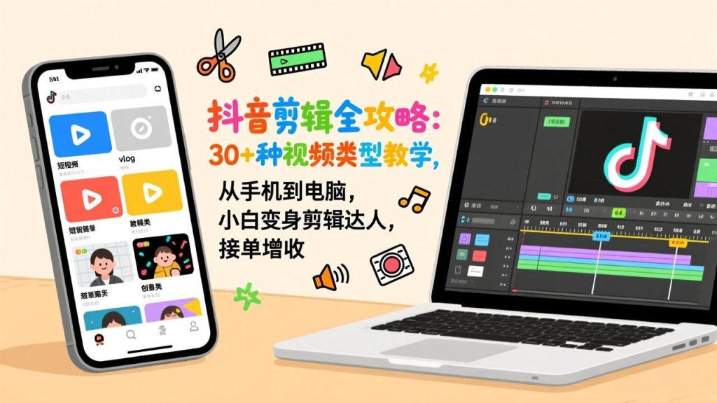 抖音剪辑全攻略:30+种视频类型教学,从手机到电脑,小白变身剪辑达人,接单增收-课赚圈