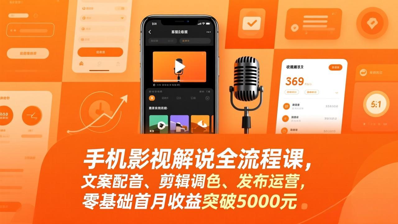 手机影视解说全流程课,文案配音、剪辑调色、发布运营,零基础首月收益突破5000元-聚创学社