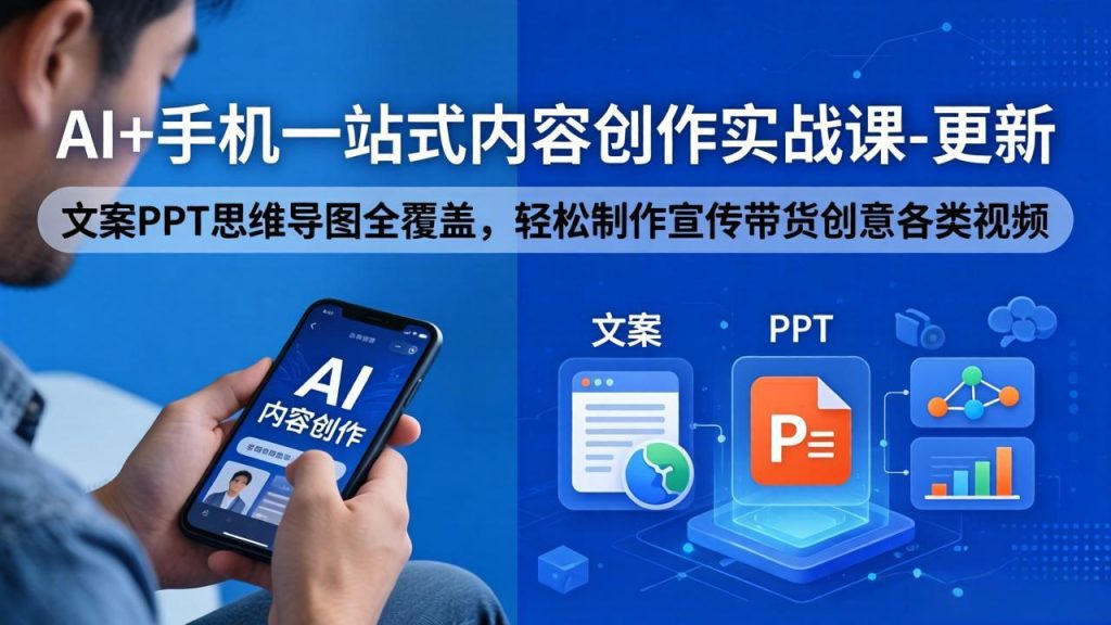 AI+手机一站式内容创作实战课-更新，文案PPT思维导图全覆盖，轻松制作宣传带货创意各类视频-优创圈