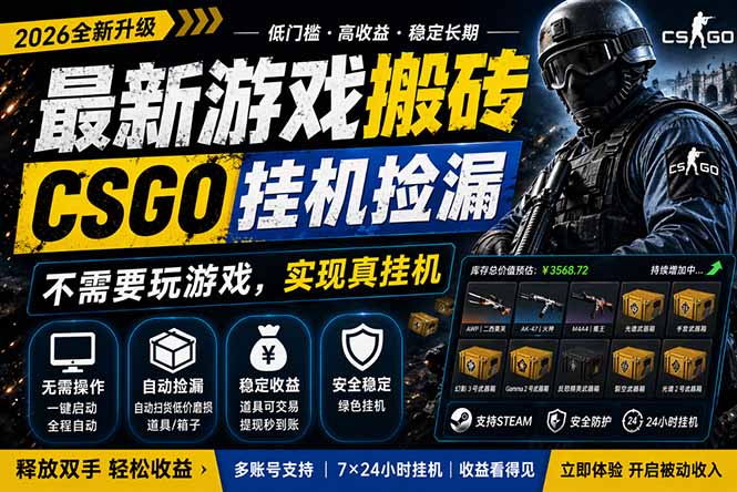 最新游戏搬砖，CSGO纯挂机，不需要玩游戏，实现真挂机，月入1W+，五一小高峰上车可吃肉，...-优创圈