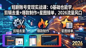 短剧账号变现实战课：0基础也能学，剪辑去重+爆款制作+星图接单，2026流量风口-优创圈