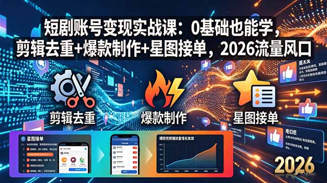 短剧账号变现实战课：0基础也能学，剪辑去重+爆款制作+星图接单，2026流量风口-优创圈