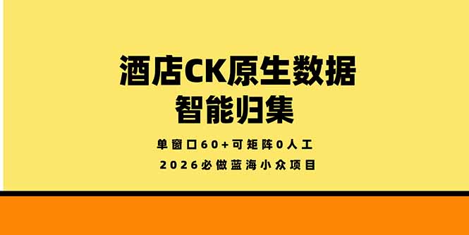 2026必做蓝海小众项目，酒店CK原生数据智能归集，单窗口60+可矩阵0人工-优创圈