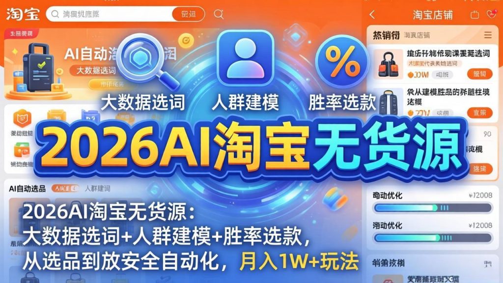 2026AI淘宝无货源-4月19更新：大数据选词+人群建模+胜率选款，从选品到放大全自动化，月入1W+-优创圈