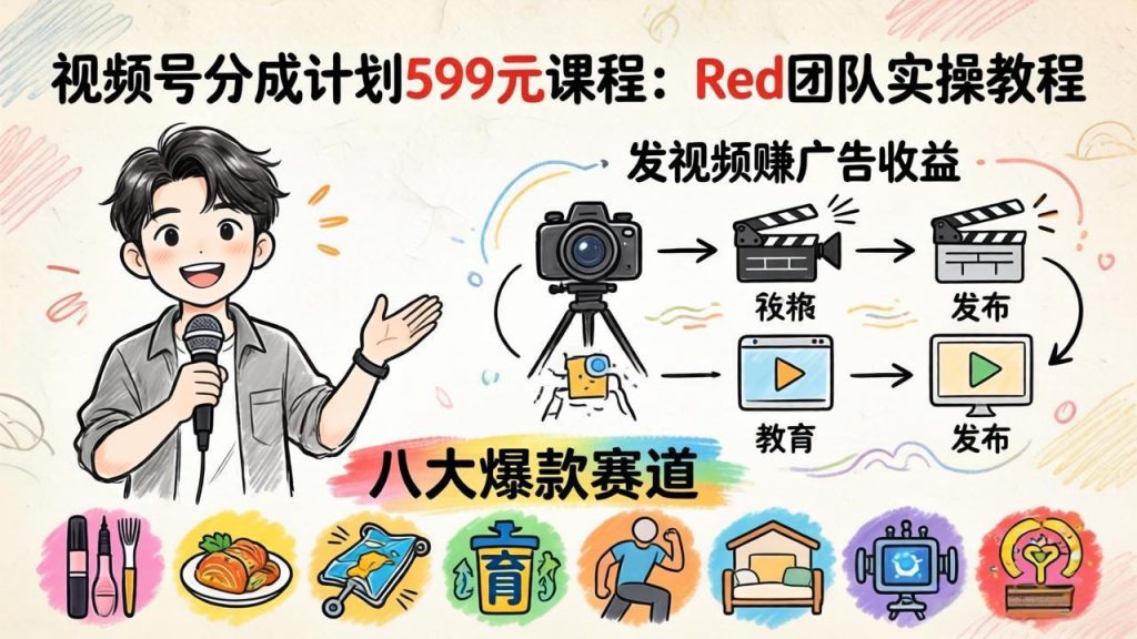 视频号分成计划599元课程：Red团队实操教程，发视频赚广告收益，八大爆款赛道全掌握-优创圈