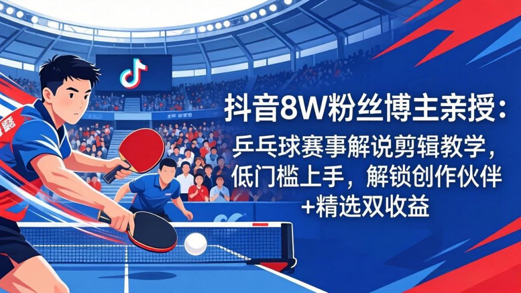 抖音8W粉丝博主亲授：乒乓球赛事解说剪辑教学，低门槛上手，解锁创作伙伴+精选双收益-优创圈