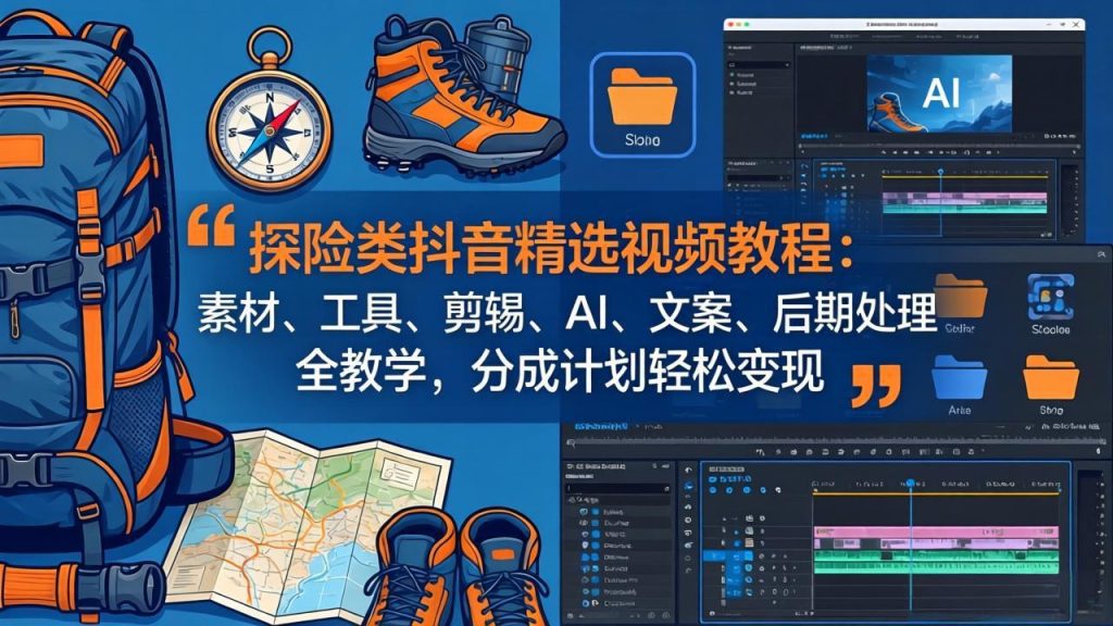 探险类抖音精选视频教程：素材、工具、剪辑、AI、文案、后期处理全教学，分成计划轻松变现-优创圈