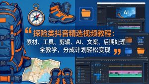 探险类抖音精选视频教程：素材、工具、剪辑、AI、文案、后期处理全教学，分成计划轻松变现-优创圈