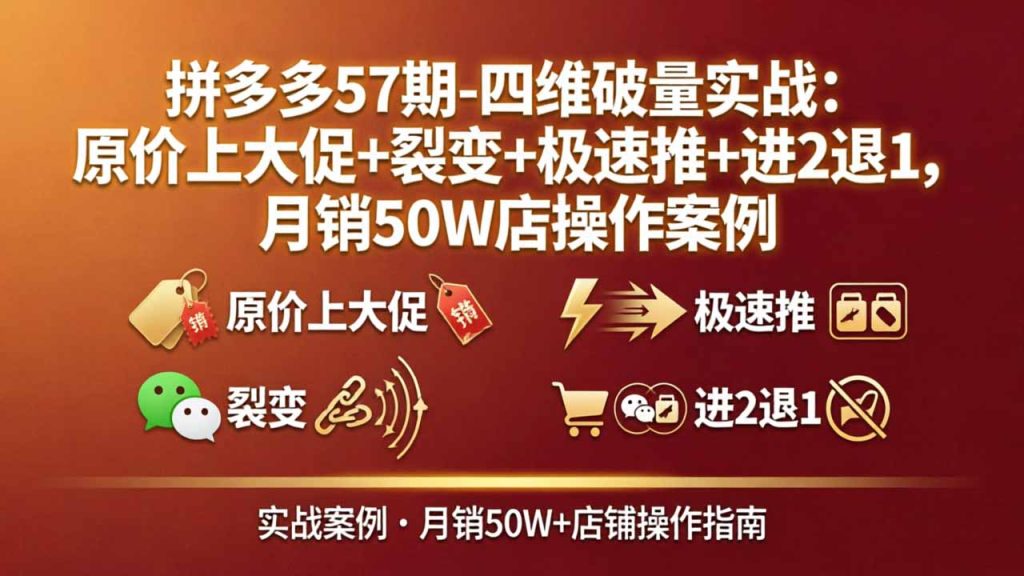拼多多57期-四维破量实战：原价上大促+裂变+极速推+进2退1，月销50W店操作案例-优创圈