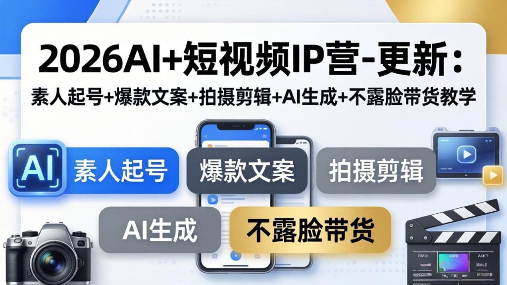 2026AI+短视频IP营-更新：素人起号+爆款文案+拍摄剪辑+AI生成+不露脸带货教学-优创圈