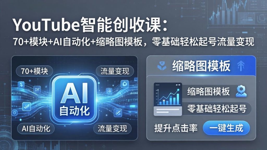 YouTube智能创收课：70+模块+AI自动化+缩略图模板，零基础轻松起号流量变现-优创圈