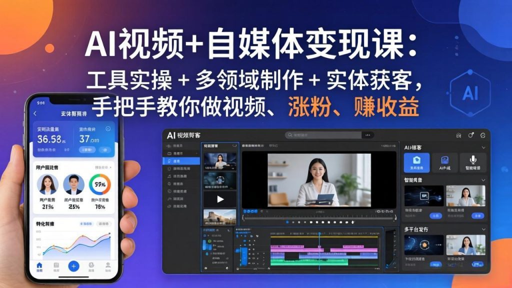 AI视频+自媒体变现课：工具实操 + 多领域制作 + 实体获客，手把手教你做视频、涨粉、赚收益-优创圈