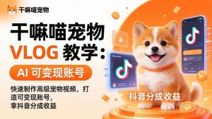 干嘛喵宠物 VLOG 教学：AI 快速制作高级宠物视频，打造可变现账号，拿抖音分成收益-优创圈