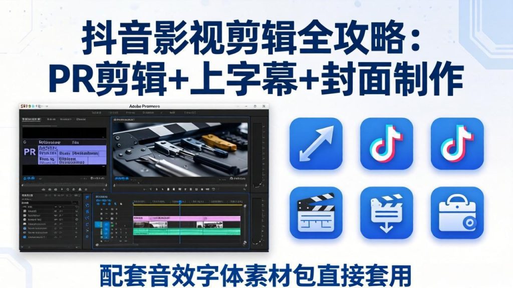 抖音影视剪辑全攻略：PR剪辑+上字幕+封面制作，配套音效字体素材包直接套用-优创圈