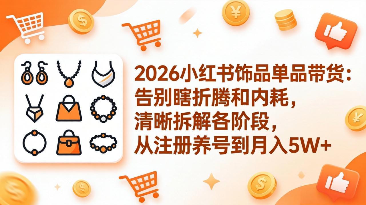2026小红书饰品单品带货：告别瞎折腾和内耗，清晰拆解各阶段，从注册养号到月入5W+