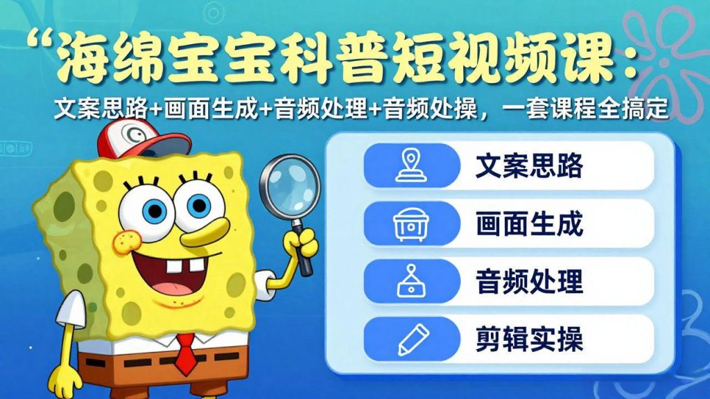 海绵宝宝科普短视频课：文案思路+画面生成+音频处理+剪辑实操，一套课程全搞定-优创圈