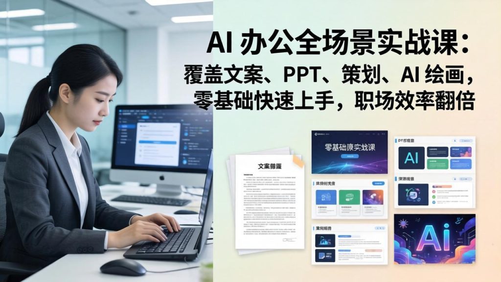AI 办公全场景实战课：覆盖文案、PPT、策划、AI 绘画，零基础快速上手，职场效率翻倍-优创圈