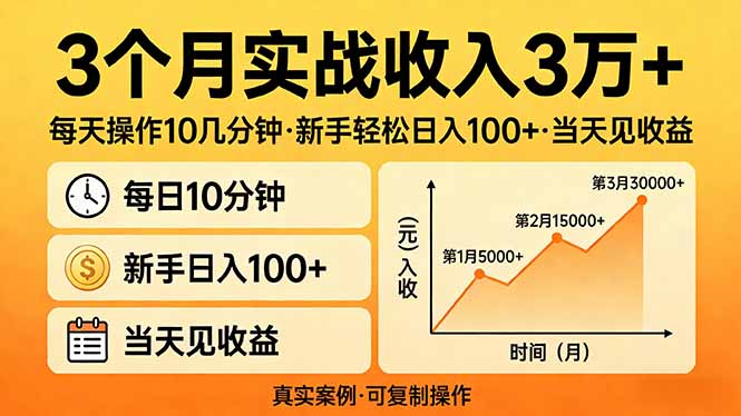3个月实战收入3万+，每天操作10几分钟，新手轻松日入100+，当天见收益-优创圈