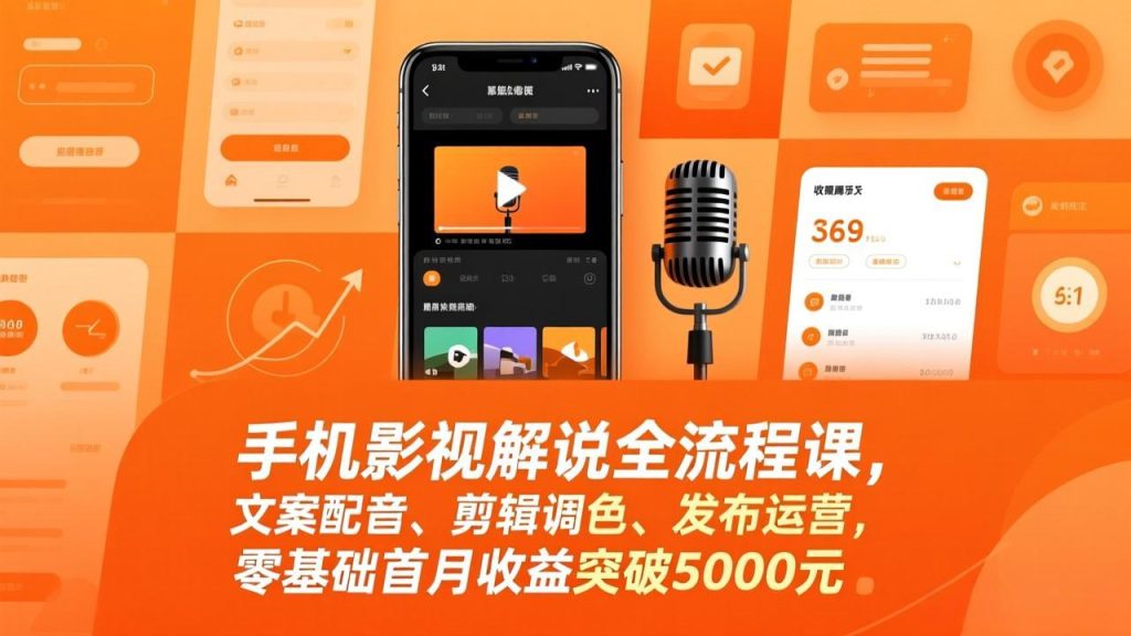 手机影视解说全流程课，文案配音、剪辑调色、发布运营，零基础首月收益突破5000元-优创圈