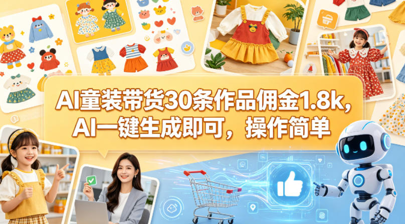 AI童装带货30条作品佣金1.8k，AI一键生成即可，操作简单-优创圈