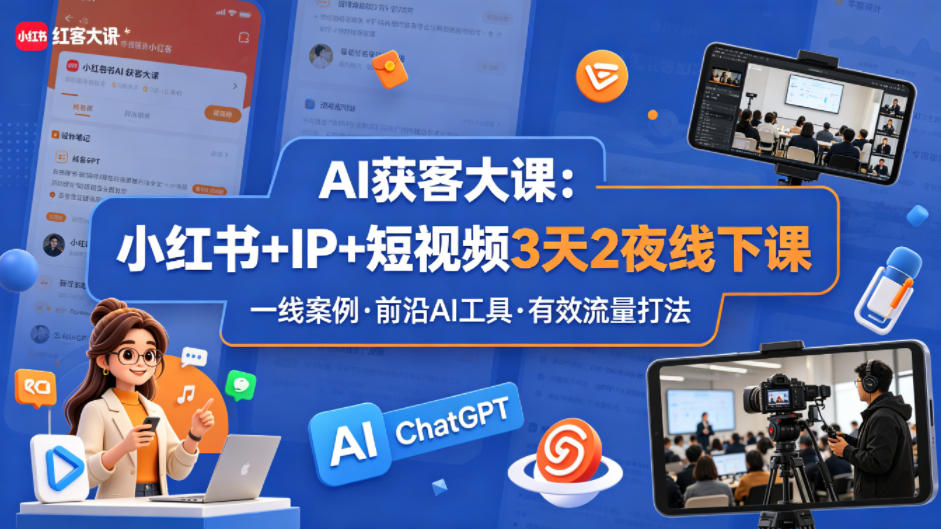 AI获客大课小红书+IP+短视频3天2夜线下课，用最真实的一线案例，最前沿的AI工具，最有效的流量打法-优创圈