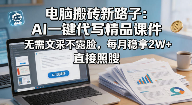 电脑搬砖新路子：AI一键代写精品课件，无需文采不露脸，每月稳拿2W+，直接照搬-优创圈