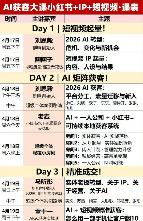 2026AI获客大课深圳站：4月17日-19日3天2夜拆透小红书+IP+短视频，老板操盘手必来